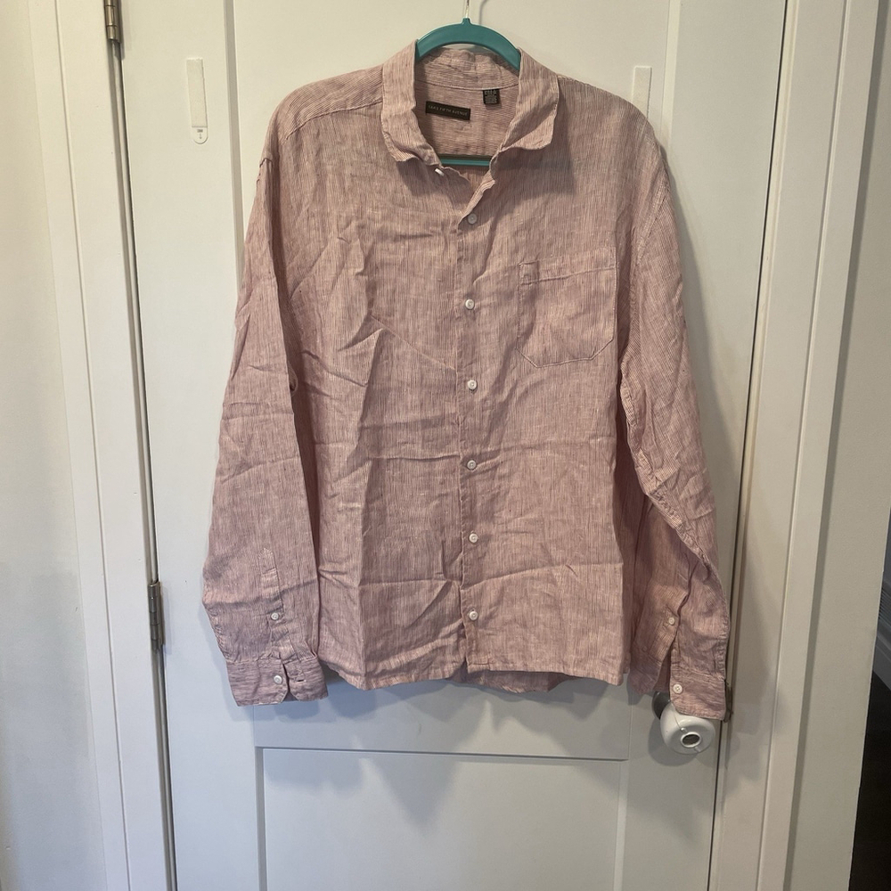 Saks Fifth Avenue Shirt Mens XL Red Striped Linen Long Sleeve Button Up Casual